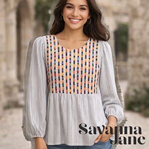 Savanna Jane Women’s Becca Babydoll Top Small Linen Blend Boho Style#18092